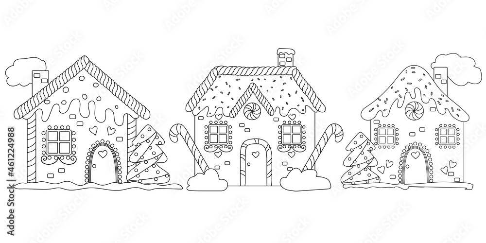 Coloring page. Set of Christmas gingerbread houses, vector illustration in cartoon style.