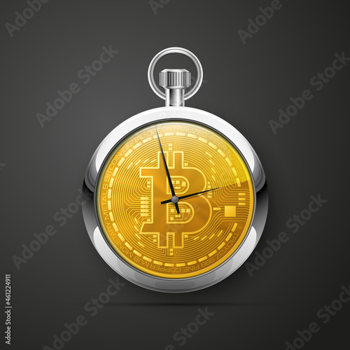 HUD stopwatch bitcoin. Digital currency pocket watch money. Technology bitcoin mining worldwide network concept. Web banner clock bitcoin. Physical bit coin. Cryptocurrency technology gold coins money