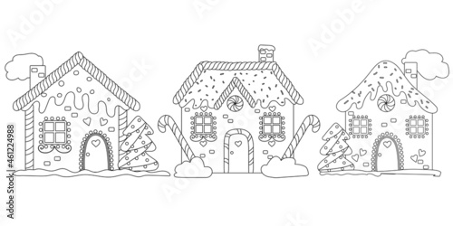 Coloring page. Set of Christmas gingerbread houses, vector illustration in cartoon style.