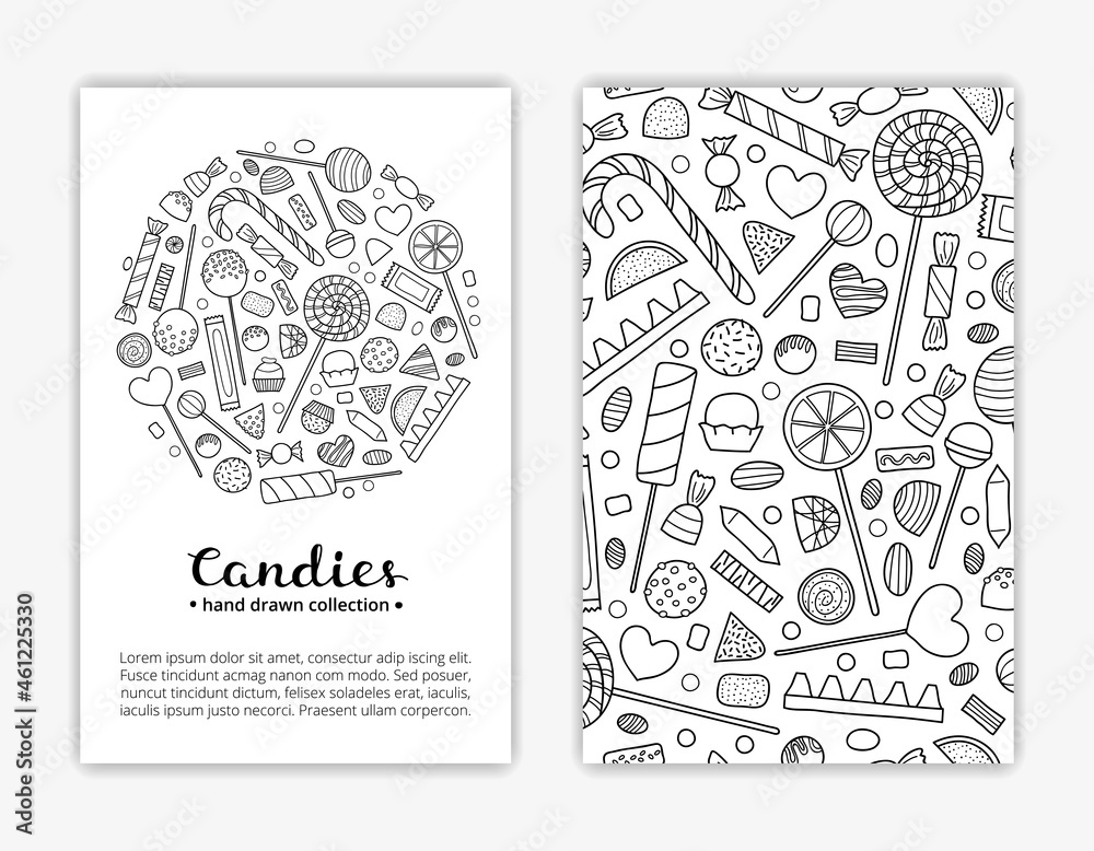 Card templates with hand drawn candies.