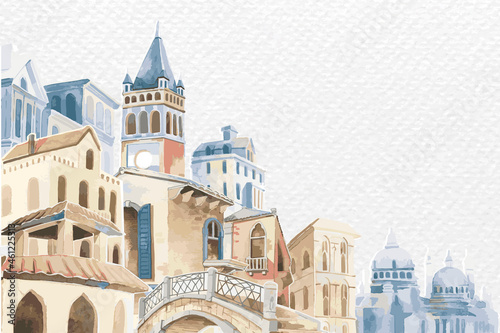Border vector with architectural Mediterranean buildings in watercolor on white paper textured background