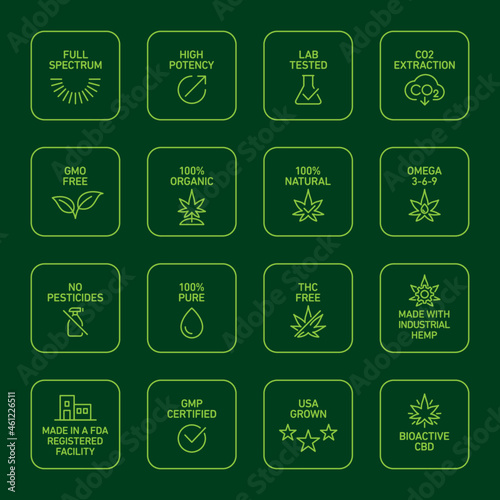 CBD oil properties vector icons set collection