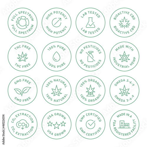 CBD oil properties vector icons set collection