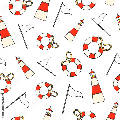 Seamless pattern with flag, lifebuoy and lighthouse.