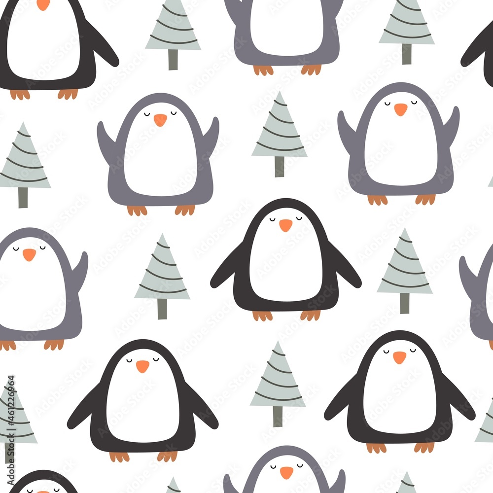 Obraz premium Seamless pattern with cute penguins, tree. Colorful vector flat style for kids. hand drawing. baby design for fabric, print, wrapper, textile