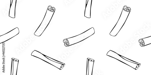 Vector seamless pattern of contour cinnamon stick in doodle style. Background or texture with seasoning, spice, ingredient for baking, hot drinks, aromatherapy, cooking