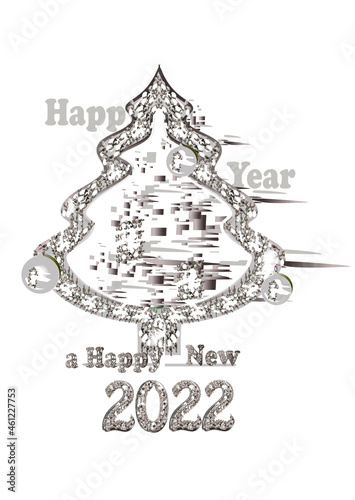 Christmas card design with festive tree and numbers 2022 from shiny diamonds. Happy New Year Banner with 2022 Numbers. Hand drawn vector illustration.