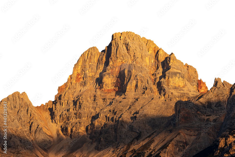 Obraz premium Beautiful mountain peak of the Dolomites at sunset, isolated on white background. Croda Rossa D'Ampezzo or Hohe Gaisl, Trentino-Alto Adige and Veneto, Bolzano and Belluno province, Italy, Europe.