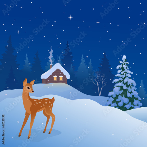 Vector illustration of a winter night scene with a deer and a log cabin, Christmas card background