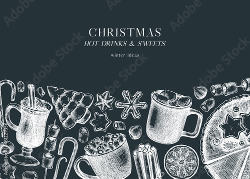 Hand-sketched winter desserts and hot drinks design on chalkboard. Mulled wine, hot chocolate, candies and cookies background. Hand-drawn winter food and drinks template.