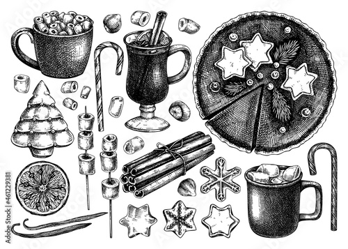 Hand-sketched winter desserts and hot drinks illustrations. Mulled wine, hot chocolate, candies and cookies drawings. Hand-drawn winter food and drinks sketches