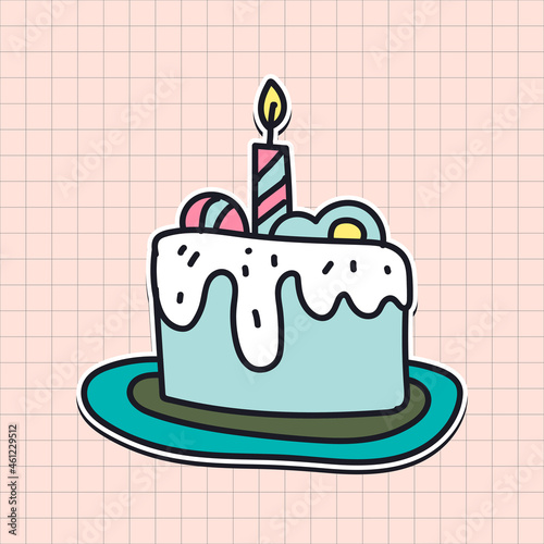 Hand drawn cake with a candle sticker vector