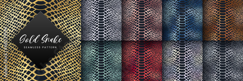 Trendy snake skin gold vector seamless pattern set. Wild animal reptile skin, shiny golden, silver, rose gold, blue, red, green metal foil repeat textured print for wrapping, background, wallpaper