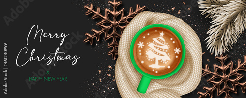 Coffee cup with warm knitted scarf and christmas tree branches. Background for greeting card, invitation or advertise
