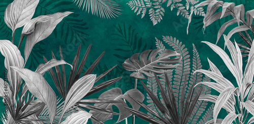 Mural for the walls. Photo wallpapers for the room. Tropical leaves on a green background in the grunge style.