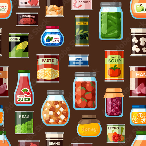 Factory and homemade canned food seamless pattern. Mushroom and corn sealed in cans farmers olives and tomato preparations for long term storage packaging with fish and pork. Cartoon vector culinary