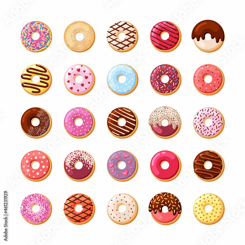 Colorful donuts with bright glaze set. Candy pastries with cream sprinkled with pink and chocolate powder festive treat with confectionery individual tracery decoration of holiday. Vector cartoon.