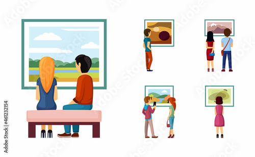 People looking paintings set. Male and female characters exhibition admire classic and contemporary painting collections of artists and landscape painters in stylish designs. Vector cartoon art.
