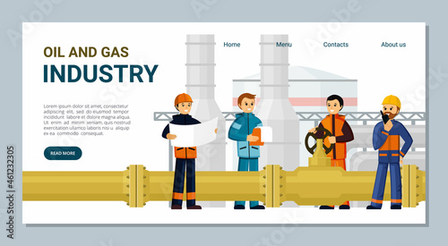 Gas and oil industry landing page. Professional workers with industrial equipment developing new fields, powerful processing plants and worlds infrastructure. Vector cartoon drilling.