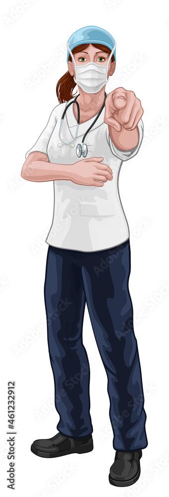 Doctor or Nurse Woman in Scrubs Uniform Pointing Doctor or Nurse Woman in Scrubs Uniform Pointing