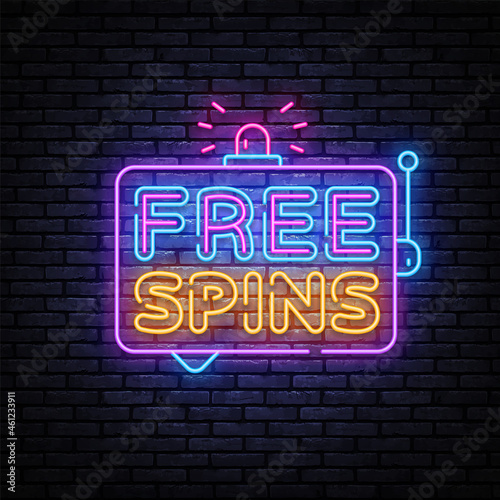 Free spins neon design on black background. Neon Retro template with black free spins on light background for game design. Vector illustration background. Online casino. Casino jackpot. Winner symbol