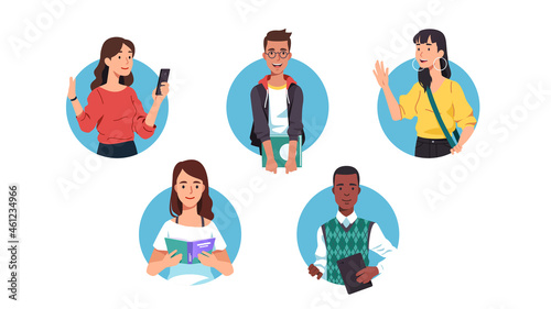 Young college students using gadgets, holding book