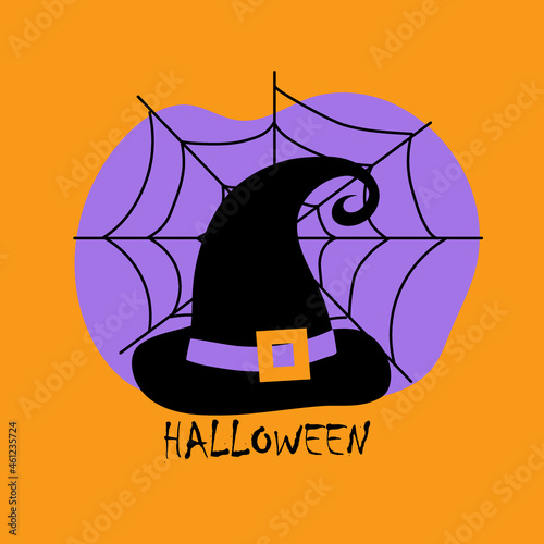Black witch hat on the net. Halloween holiday. Horror. Create a postcard, poster, or flyer. Flat illustration.