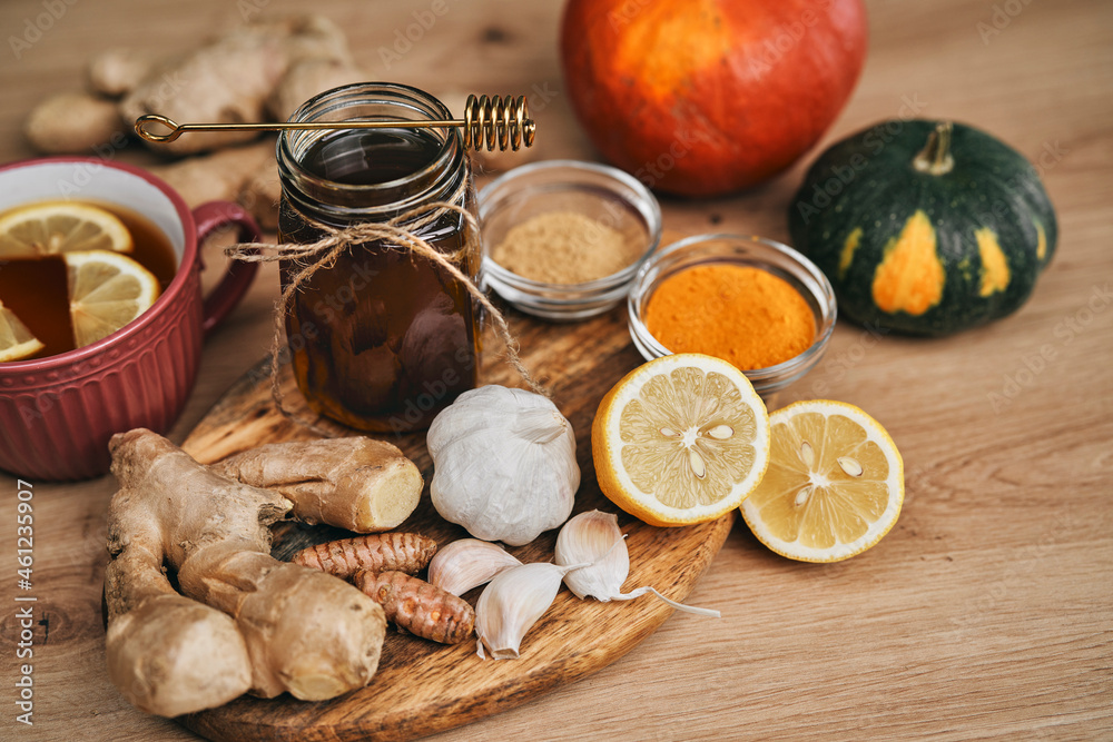 Natural ingredients on table for autumn immunity
