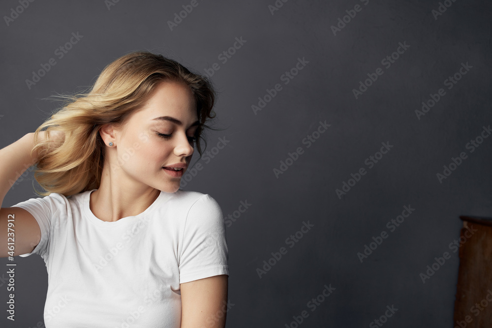 beautiful woman a small dog fun Studio dark background