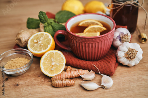 Natural antioxidants and winter tea and natural antioxidants on wooden desk