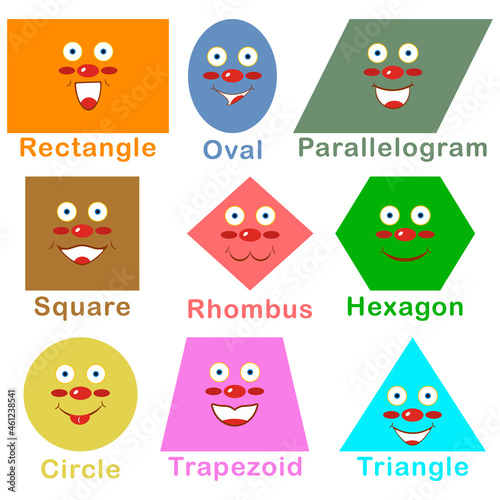 Set of various bright cartoon basic geometric figures with face emotions. Different shapes. Vector illustration and clipart for kids. Cute funny characters. 