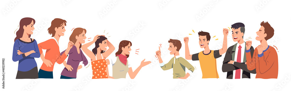 Angry men versus women. Gender conflict fight Angry men versus women. Gender conflict fight