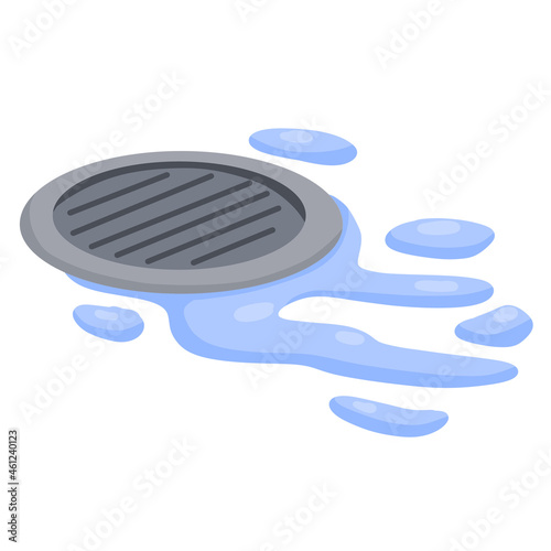 Drain in plumbing. Sink hole on floor. Element of water supply system. Bath and shower detail. Flat cartoon illustration. Blue puddle and drops of water