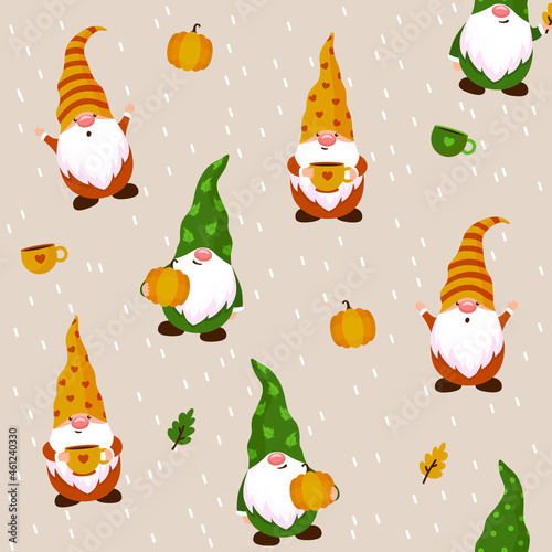 Gnomes pattern with autumn characters. Vector gnome with leaves, cups and pumpkin. Seamless background for scrapbooking, textile or children's things. Autumn wallpaper with fairy-tale characters.