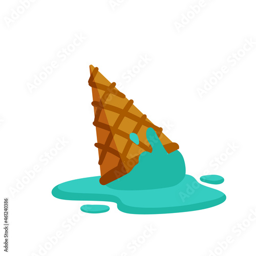 Melted ice cream in cone. Dessert fell to the ground. Sweet puddle. Flat cartoon illustration
