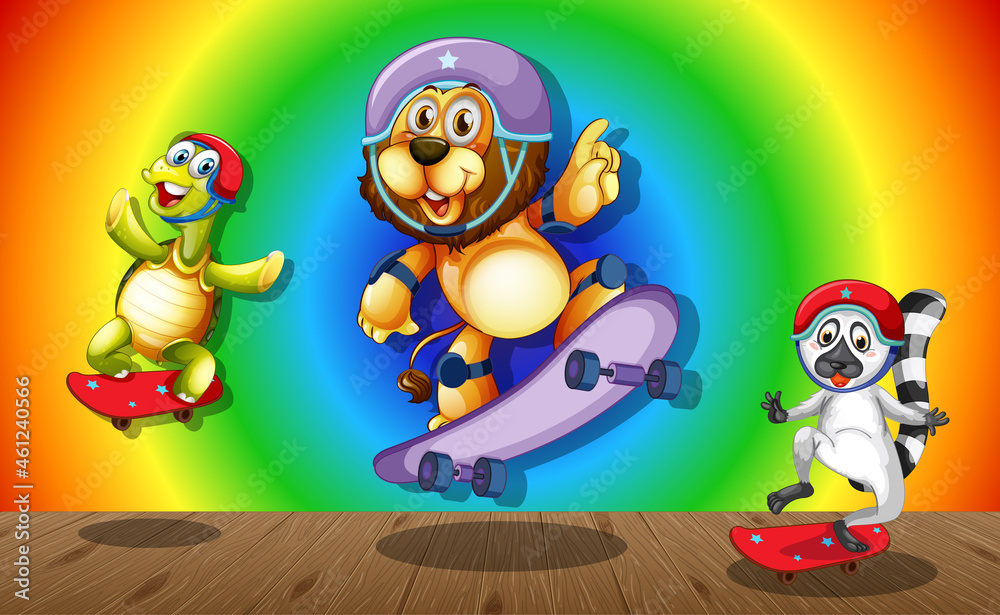 Naklejka premium Funny animals doing different activities on rainbow gradient background
