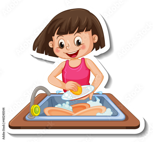 Sticker template with a girl washing dishes isolated