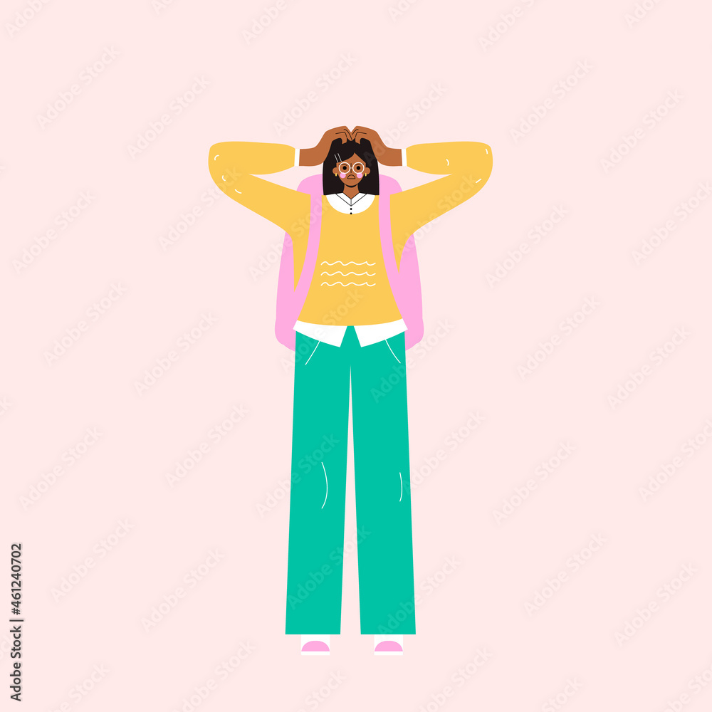 Confused black skin girl. Young female cartoon character standing in doubt.  Teenager thinking of dilemma. Isolated puzzled student with a backpack.  Flat vector illustration. Eps 10. Stock Vector | Adobe Stock