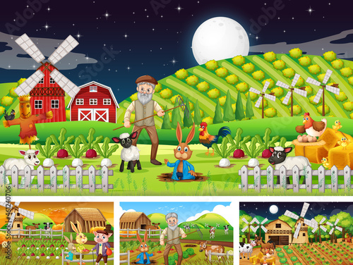 Different farm scenes with old farmer man and animals