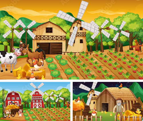Set of farm scenes at different times