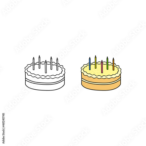 Hand drawn colored and outline birthday cake.