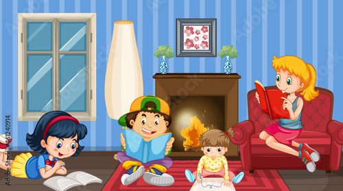 Scene with children reading their book in the living room