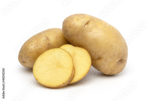 raw potatoes and slices isolated on white background, with clipping path.
