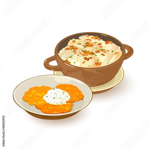 Hot homemade ukrainian dish, hash browns with sour cream, pieces of lard. Vector national cuisine, nutritious and oily eating, food idea. Isolated on white background