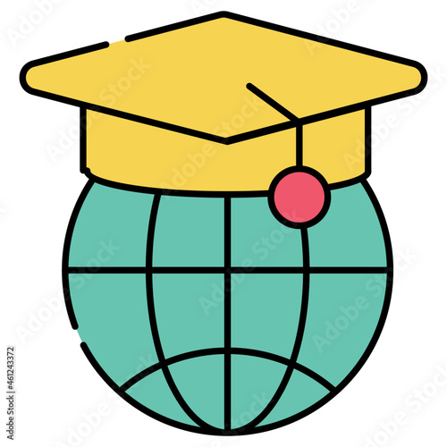 Globe with mortarboard, flat design of global learning 