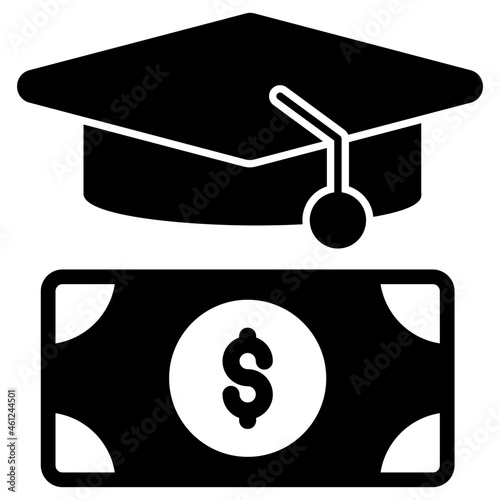 Mortarboard with banknote, solid design of educational grant
