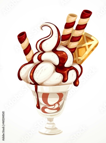 Soft vanilla ice cream covered with chocolate glaze and decorated with waffles in a glass bowl isolated on a white background