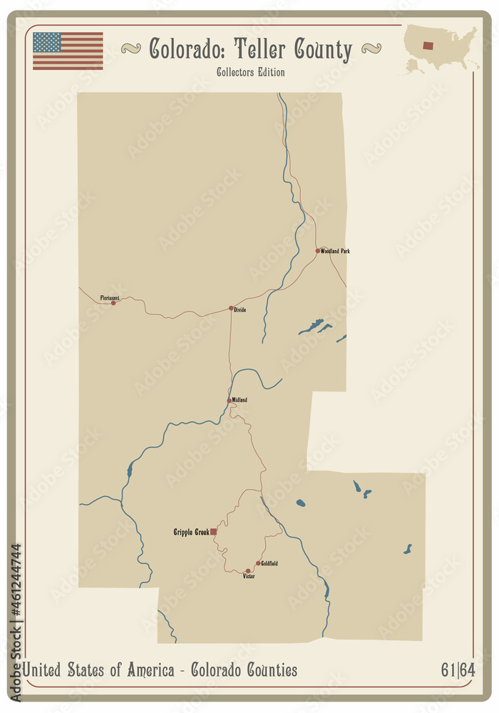 Map on an old playing card of Teller county in Colorado, USA.