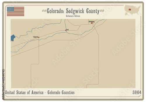 Map on an old playing card of Sedgwick county in Colorado, USA. photo