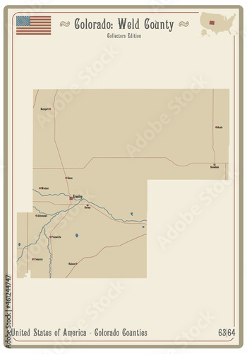 Map on an old playing card of Weld county in Colorado, USA.